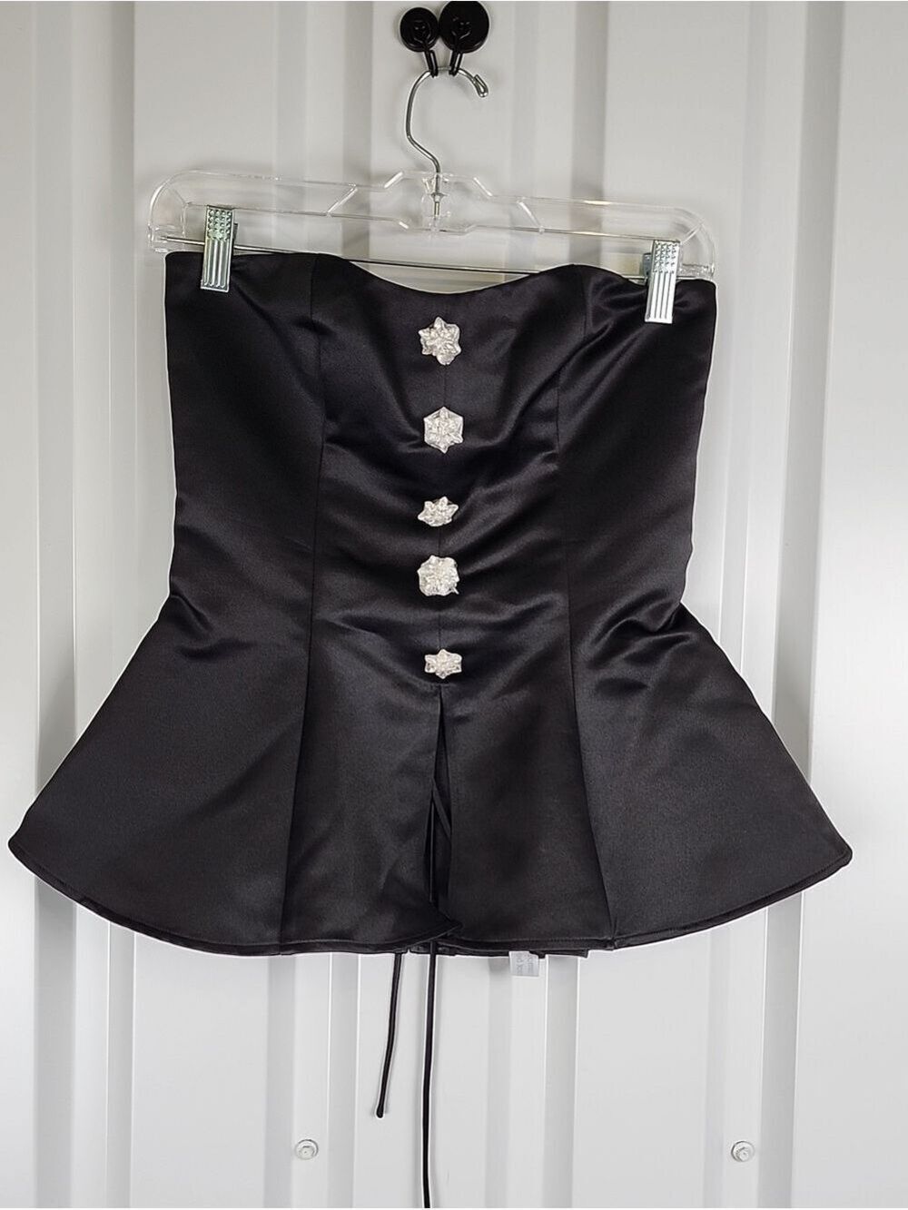 Adeirlina Black Satin Jeweled Peplum Corset Top Decorative Crystal Size Med NWT - Picture 1 of 9